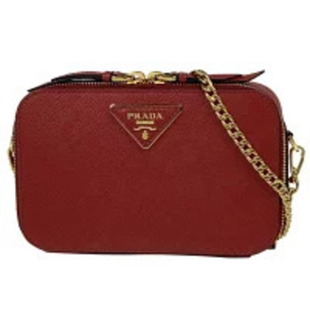 Prada Plate Chain Shoulder Bag Waist Saffiano Leather Red